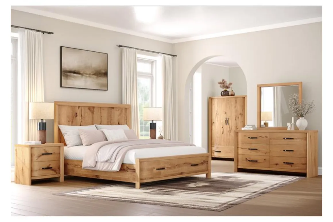 Laramie Panel Bed W/ Storage, Dresser, Mirror & 2 Drawer Nightstand In Honey Wheat, Queen