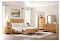 Laramie Panel Bed W/ Storage, Dresser, Mirror & 2 Drawer Nightstand In Honey Wheat, Queen
