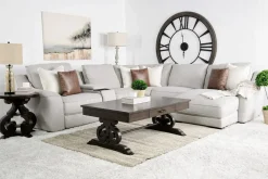 Mayflower 6 Piece 2 Power Chaise Sectional W/ Audio Console In Ashland Sand, Left Facing