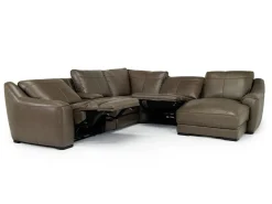 Mayflower 6 Piece 2 Power Chaise Sectional W/ 2 Power Armless Recliner & Audio Console In Seville Umber Leather, Left Facing