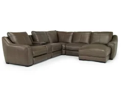 Mayflower 6 Piece 2 Power Chaise Sectional W/ Audio Console In Seville Umber Leather, Left Facing