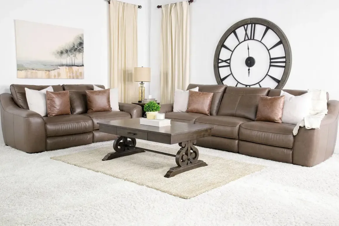 Mayflower 2 Power Sofa & Loveseat In Seville Umber Leather