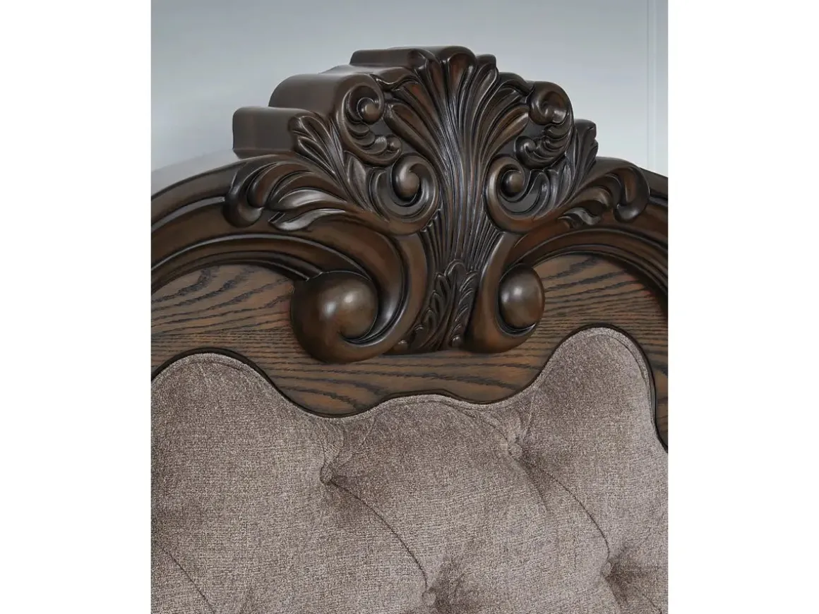 Maylee Upholstered Panel Bed, Dresser, Mirror & Nightstand In Dark Brown, Queen