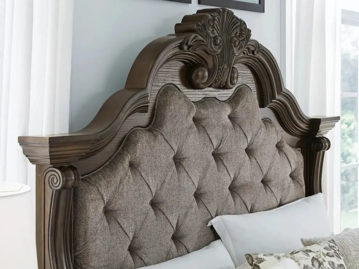 Maylee Upholstered Panel Bed, Dresser, Mirror & Nightstand In Dark Brown, Queen