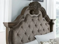 Maylee Upholstered Panel Bed, Dresser, Mirror & Nightstand In Dark Brown, Queen