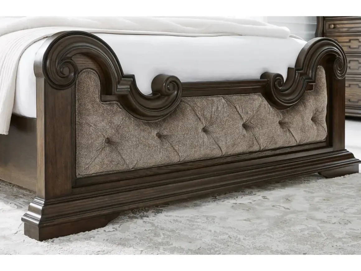 Maylee Upholstered Panel Bed, Dresser, Mirror & Nightstand In Dark Brown, Queen