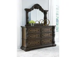 Maylee Upholstered Panel Bed, Dresser, Mirror & Nightstand In Dark Brown, Queen