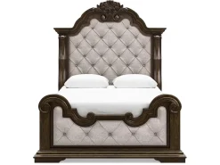 Maylee Upholstered Panel Bed, Dresser, Mirror & Nightstand In Dark Brown, Queen