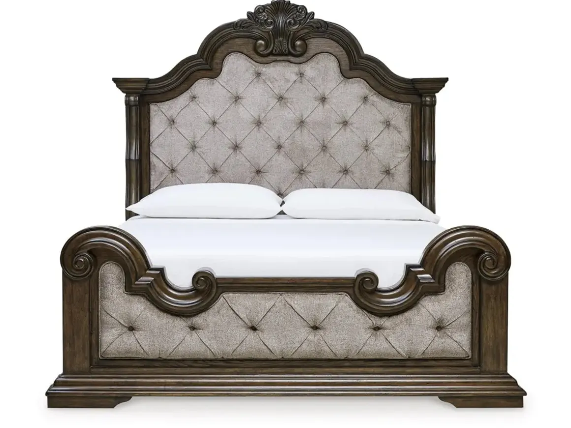 Maylee Upholstered Panel Bed, Dresser, Mirror & Nightstand In Dark Brown, Queen