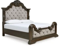 Maylee Upholstered Panel Bed, Dresser, Mirror & Nightstand In Dark Brown, Queen