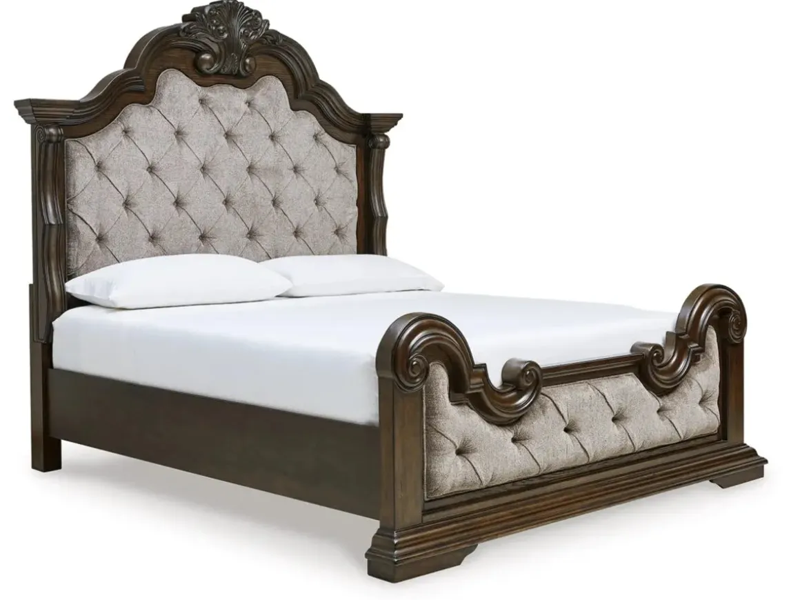 Maylee Upholstered Panel Bed, Dresser, Mirror & Nightstand In Dark Brown, Queen