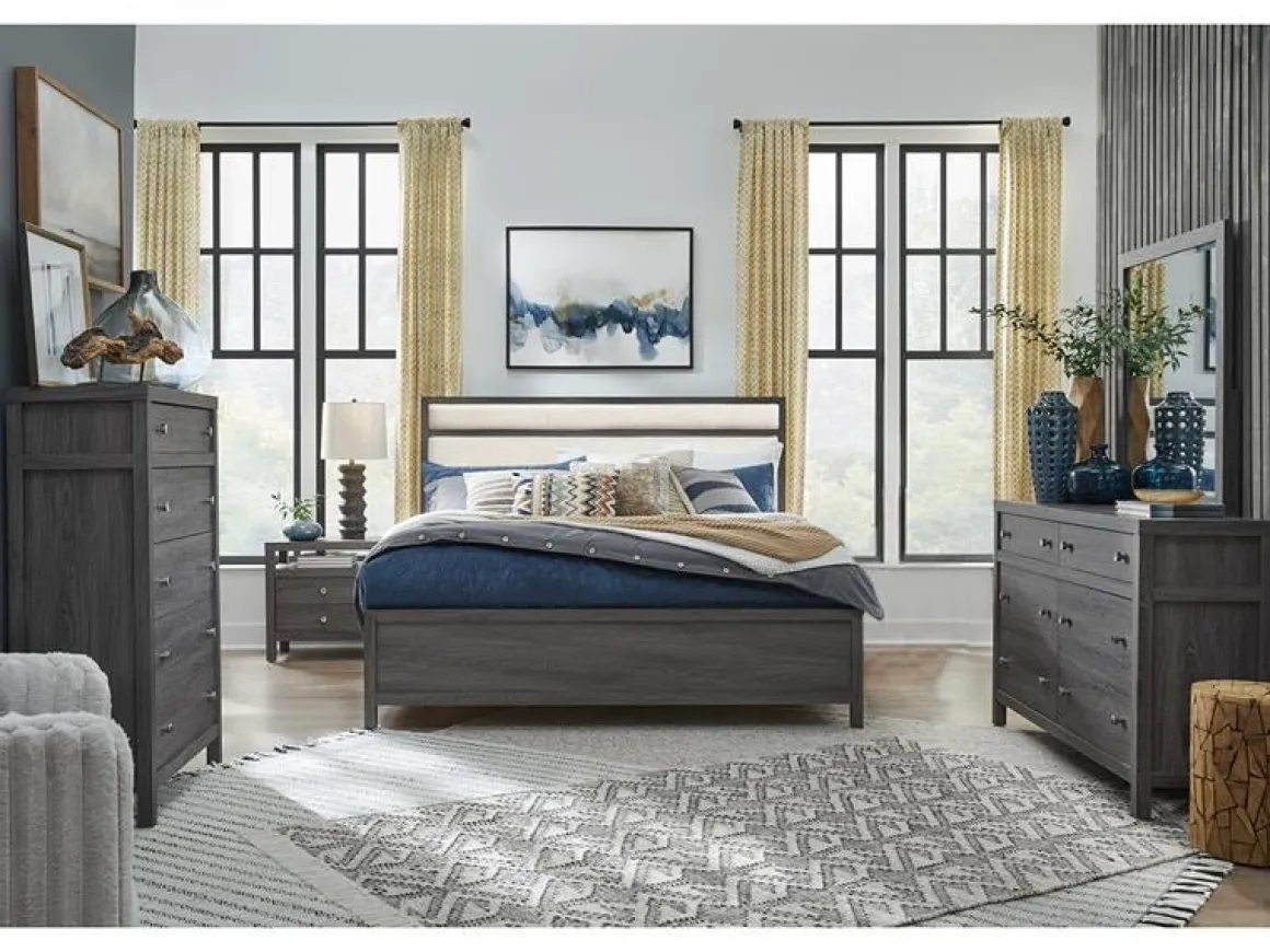 Merrifield Upholstered Bed, Dresser, Mirror & Nightstand In Raisin Black, Twin