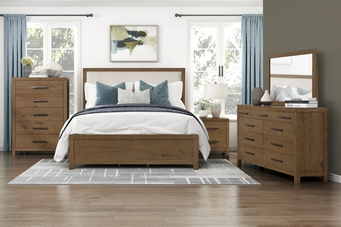 Oaklyn Upholstered Panel Bed, Dresser, Mirror & Nightstand In Brown, Queen