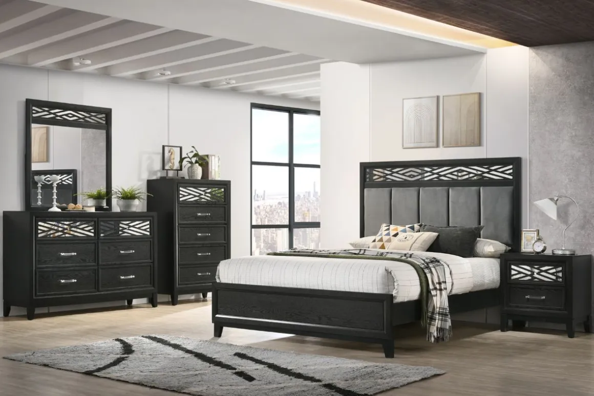 Obsidian Panel Bed, Dresser, Mirror & Nightstand In Black, Queen