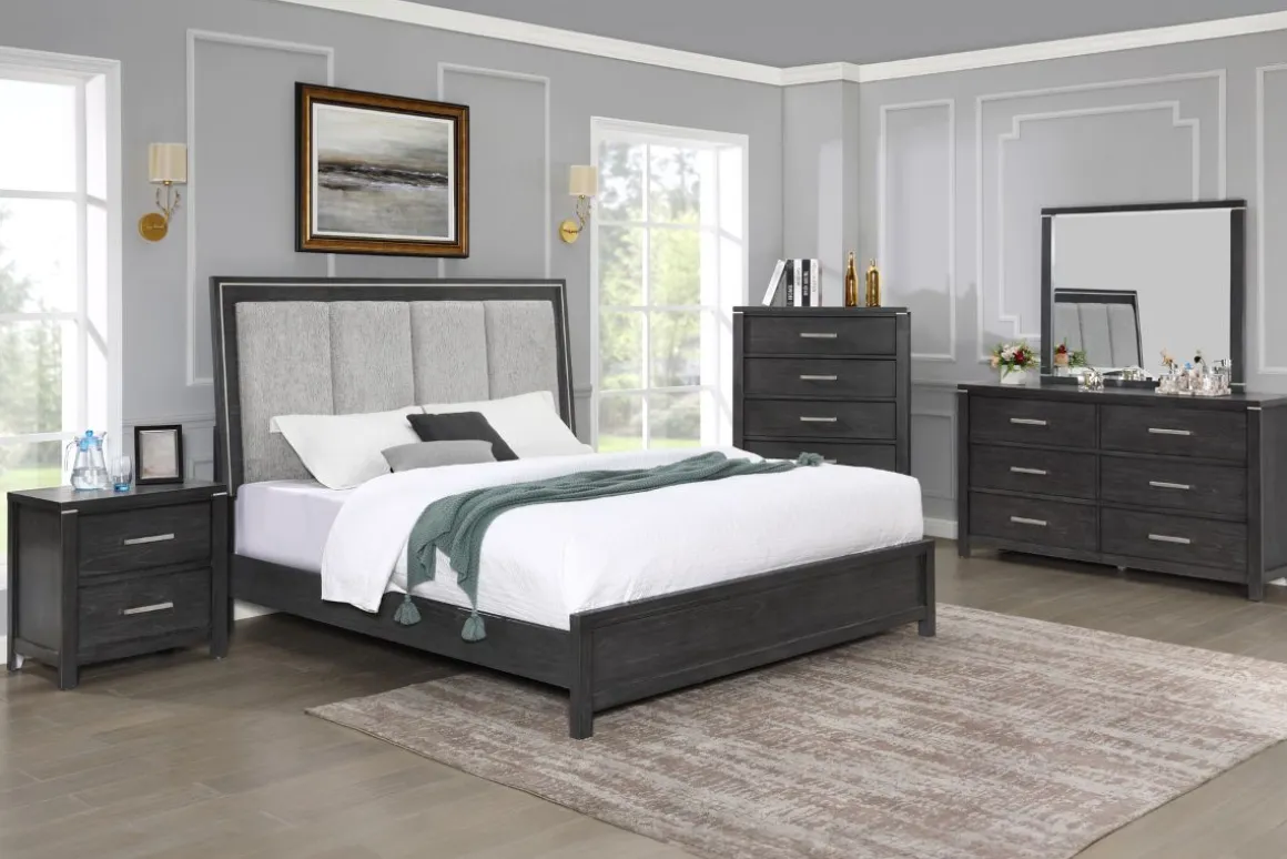 Odessa Panel Bed, Dresser, Mirror & Nightstand In Charcoal, Queen