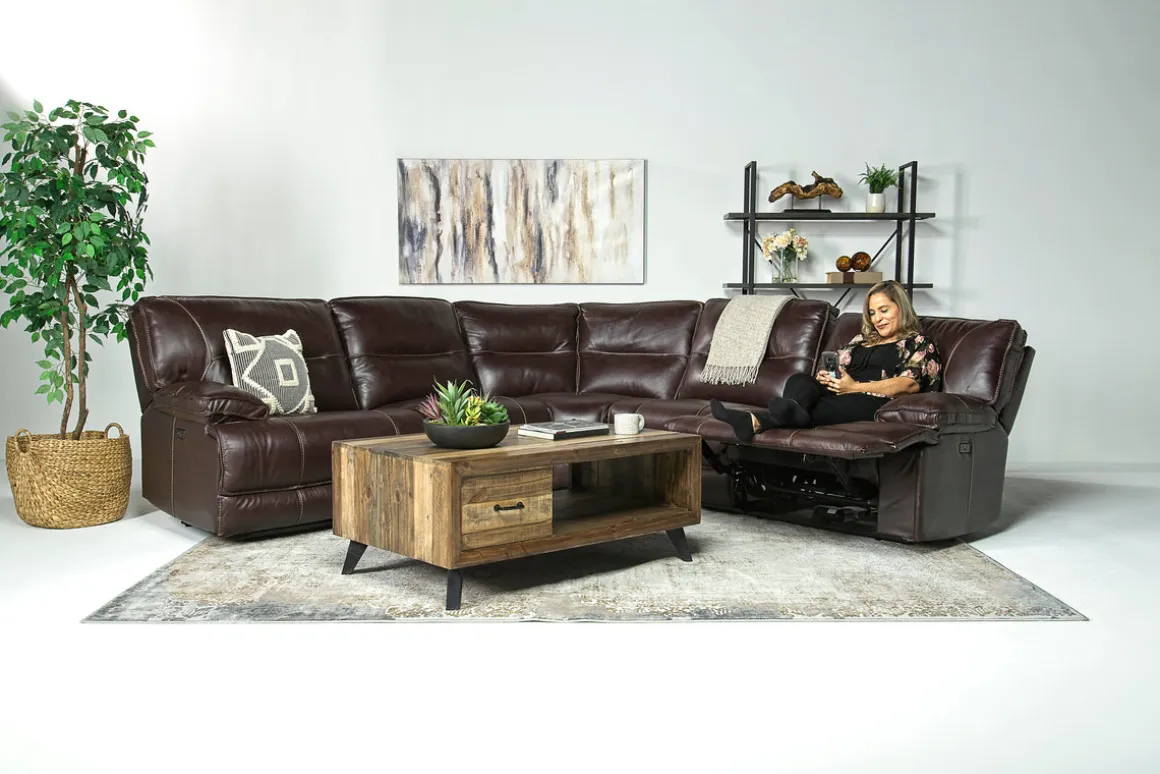 Retreat 5 Piece Power Sectional W/ Power Armless Recliner In Cognac Leather