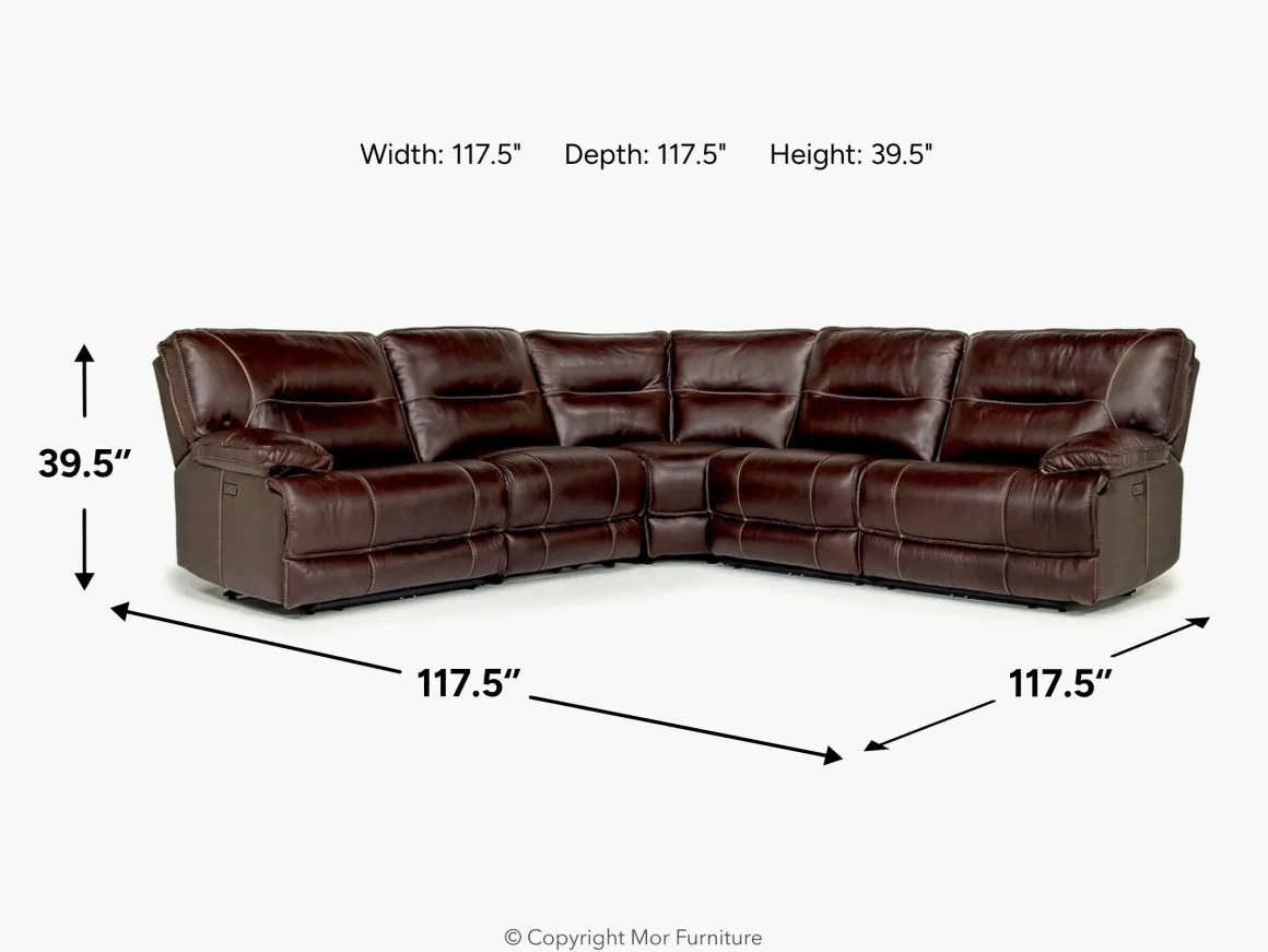 Retreat 5 Piece Power Sectional W/ Power Armless Recliner In Cognac Leather