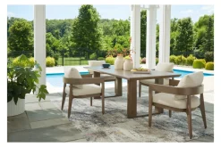 Serene Bay Outdoor Dining Table & 4 Arm Chairs In Dark Brown