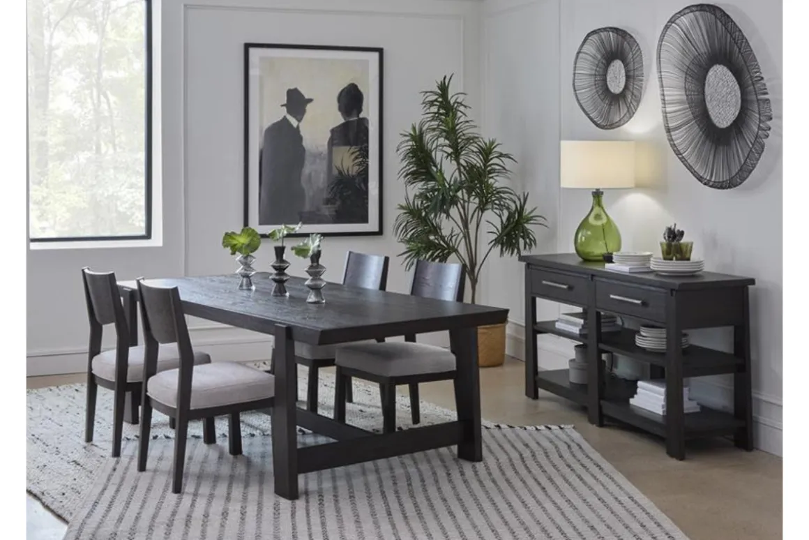 Shelby Trestle Dining Table & 4 Wood Back Chairs In Coffee Bean