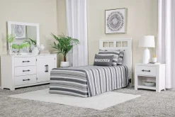 St Regis Panel Headboard, Dresser, Mirror & Nightstand In White, Twin