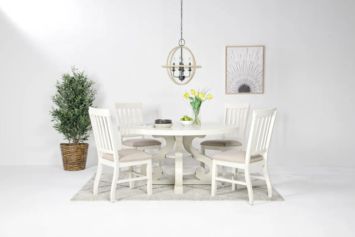 Stone Round Dining Table & 4 Chairs In White, Upholstered Slat