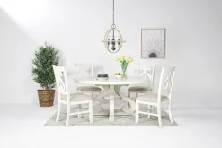 Stone Round Dining Table & 4 Chairs In White, Upholstered Slat