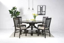 Stone Round Dining Table & 4 Chairs In White, Upholstered Slat