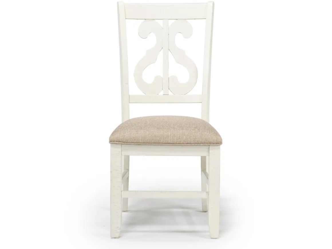 Stone Round Dining Table & 4 Chairs In White, Upholstered Slat