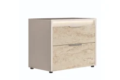 Tullia Upholstered Panel Bed, Dresser, Mirror & Nightstand In Pearl Line/Eco Stone, Queen