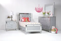 Valentino Panel Bed, Dresser, Mirror & Nightstand In Silver, Twin