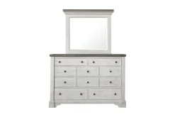 Valley Ridge Panel Bed, Dresser, Mirror & Nightstand In White Gray Finish, Queen