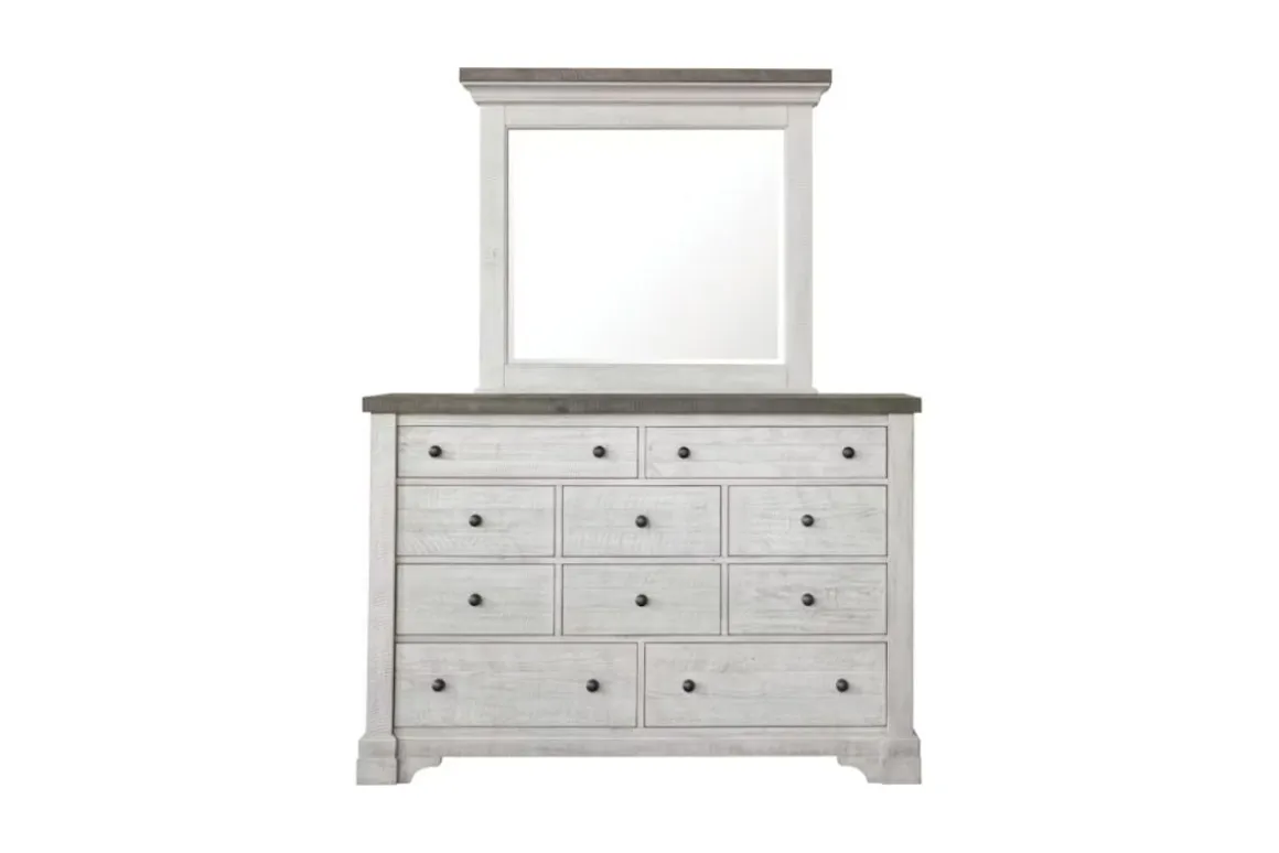 Valley Ridge Panel Bed, Dresser, Mirror & Nightstand In White Gray Finish, Queen