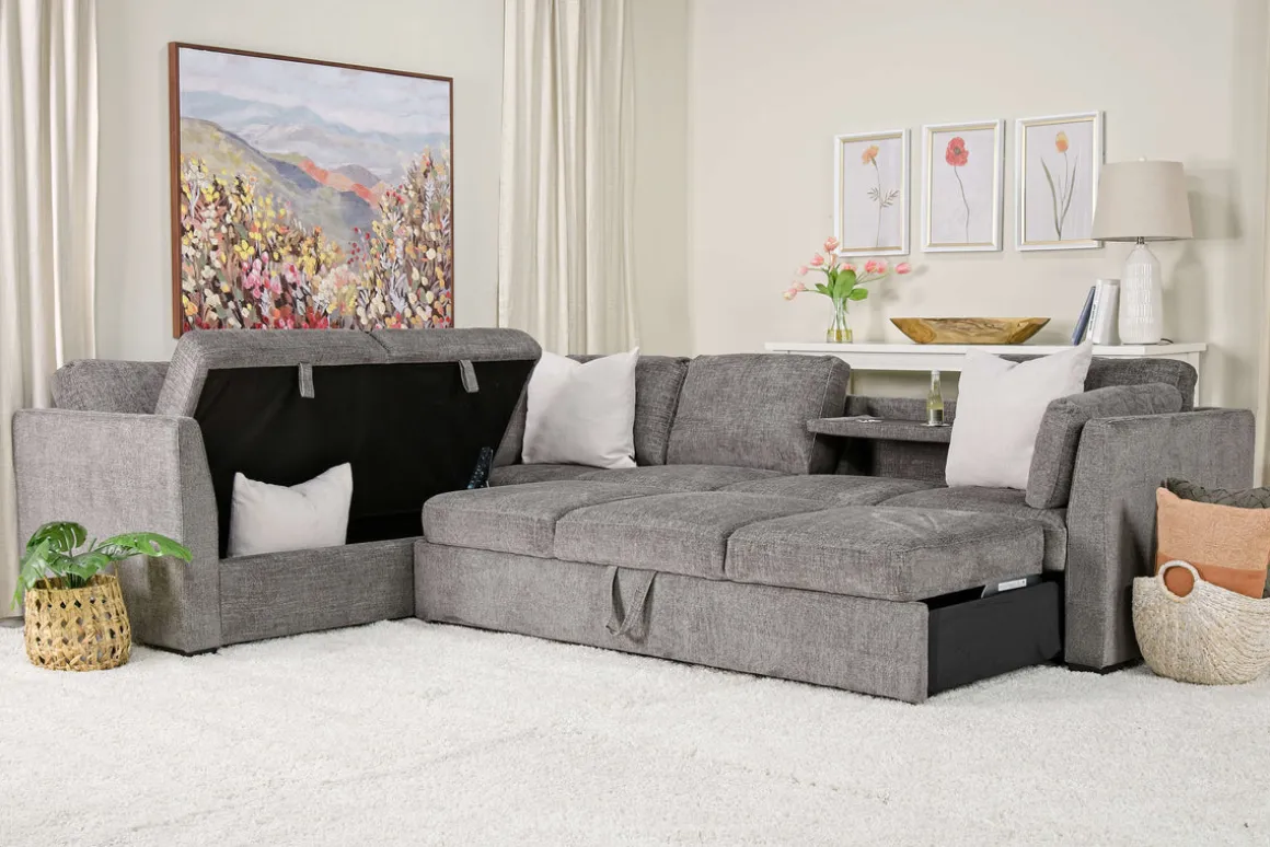 Vivian Queen Tux Sleeper Sectional W/ Drop Down Table In Handwoven Pewter, Right Facing