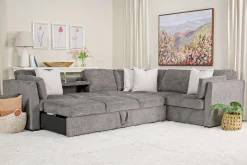 Vivian Queen Tux Sleeper Sectional W/ Drop Down Table In Handwoven Pewter, Right Facing