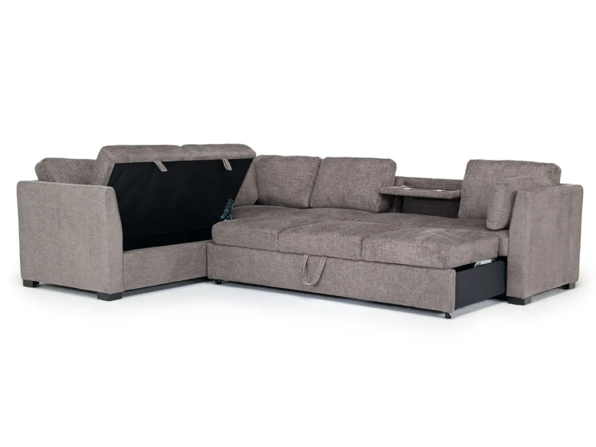 Vivian Queen Tux Sleeper Sectional W/ Drop Down Table In Handwoven Pewter, Right Facing