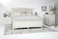 Willowbrook Upholstered Panel Bed, Dresser, Mirror & Nightstand In Pebble, Queen