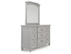 Willowbrook Upholstered Panel Bed, Dresser, Mirror & Nightstand In Pebble, Queen